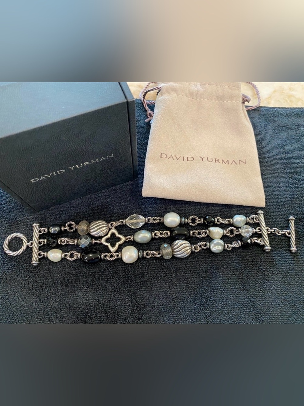David Yurman Three Row Stirling Silver, Gemstone, Quatrefoil and Bead Bracelet